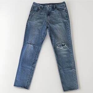 GAP Girlfriend Jeans Distressed Light Wash Raw Hem Cotton Normcore Size‎ 14 Tall